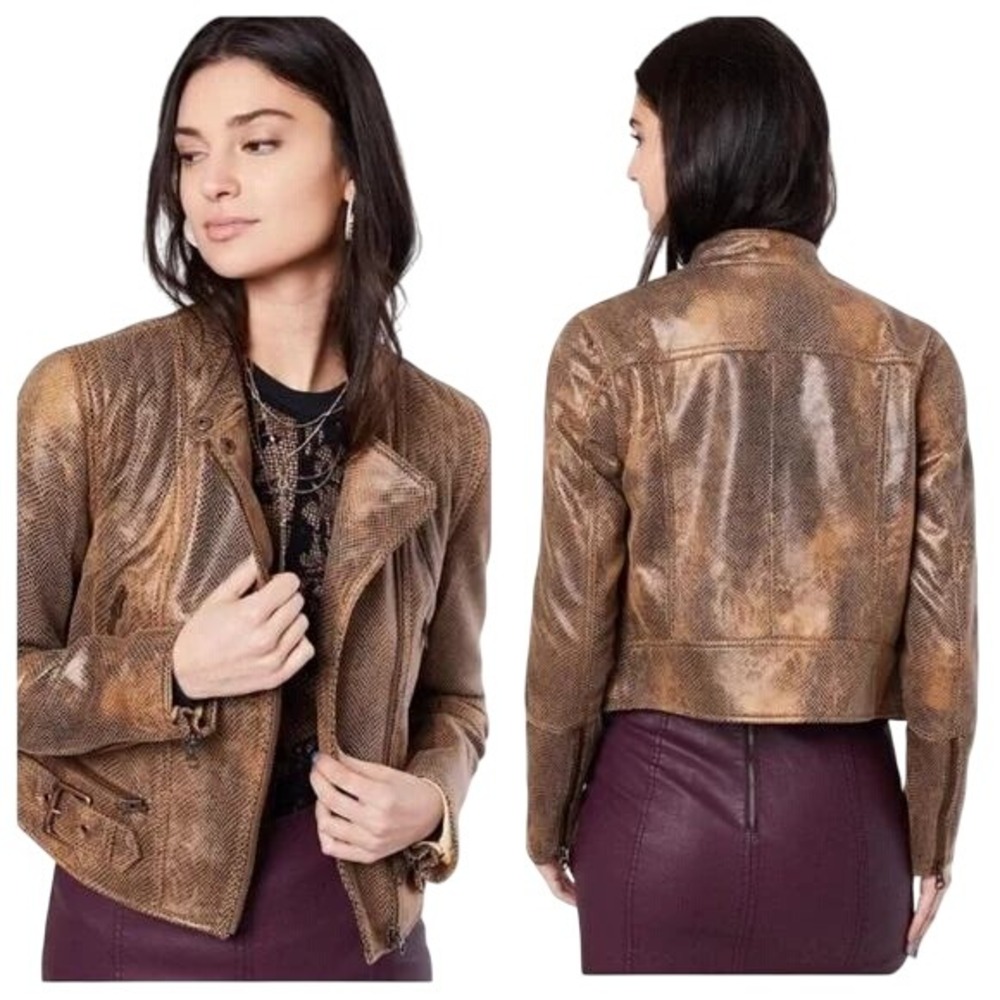 Free People We The Free Snake Print Vegan Leather Moto Jacket‎ Brown L NWT